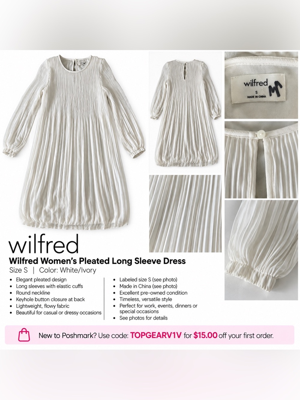 Wilfred Women's Pleated Long Sleeve Dress
Size S | Color: White/Ivory